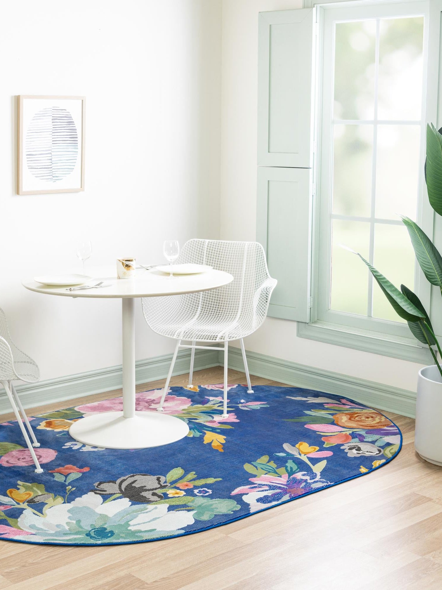Blue 7' 10 x 10' Blossom Oval Area Rug 100% Polypropylene With Cotton Backing Easy Clean Colorful Blooming Blossoming Flower Floral Plant Carpet for Living Dining Room Office Dorms for Sale at Rug Engine
