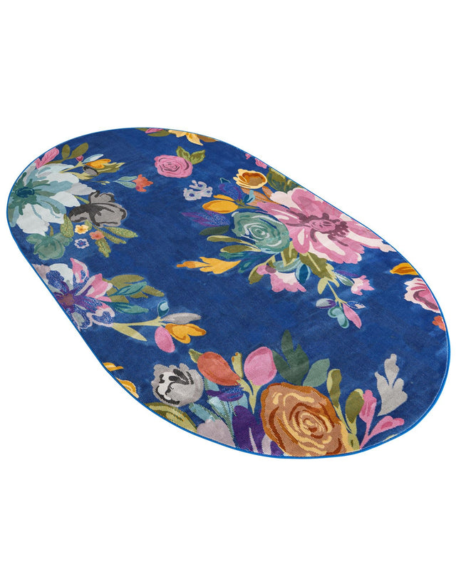 Blue 5' 3 x 7' 10 Blossom Oval Area Rug 100% Polypropylene With Cotton Backing Easy Clean Colorful Blooming Blossoming Flower Floral Plant Carpet for Living Dining Room Office Dorms for Sale at Rug Engine