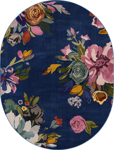 Blue 7' 10 x 10' Blossom Oval Area Rug 100% Polypropylene With Cotton Backing Easy Clean Colorful Blooming Blossoming Flower Floral Plant Carpet for Living Dining Room Office Dorms for Sale at Rug Engine