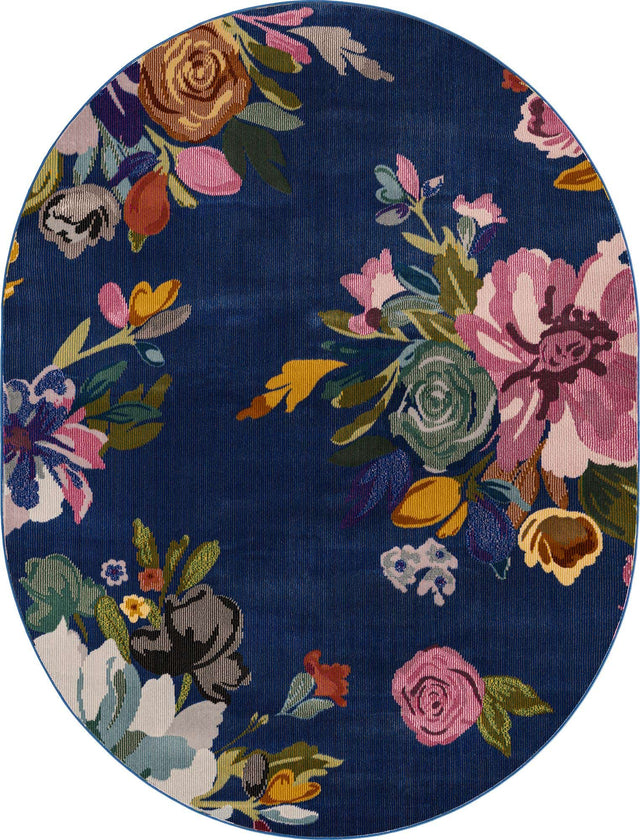 Blue 7' 10 x 10' Blossom Oval Area Rug 100% Polypropylene With Cotton Backing Easy Clean Colorful Blooming Blossoming Flower Floral Plant Carpet for Living Dining Room Office Dorms for Sale at Rug Engine
