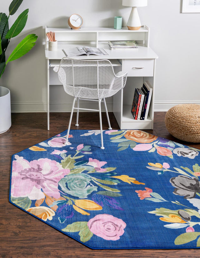 Blue 6' x 6' Blossom Octagon Area Rug 100% Polypropylene With Cotton Backing Easy Clean Colorful Blooming Blossoming Flower Floral Plant Carpet for Living Dining Room Office Dorms for Sale at Rug Engine