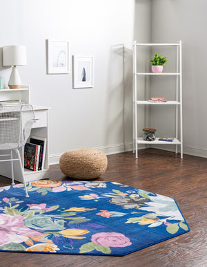 Blue 6' x 6' Blossom Octagon Area Rug 100% Polypropylene With Cotton Backing Easy Clean Colorful Blooming Blossoming Flower Floral Plant Carpet for Living Dining Room Office Dorms for Sale at Rug Engine