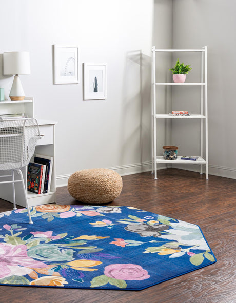 Blue 6' x 6' Blossom Octagon Area Rug 100% Polypropylene With Cotton Backing Easy Clean Colorful Blooming Blossoming Flower Floral Plant Carpet for Living Dining Room Office Dorms for Sale at Rug Engine