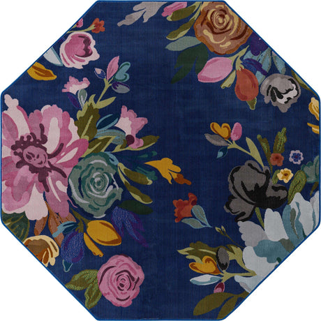 Blue 6' x 6' Blossom Octagon Area Rug 100% Polypropylene With Cotton Backing Easy Clean Colorful Blooming Blossoming Flower Floral Plant Carpet for Living Dining Room Office Dorms for Sale at Rug Engine