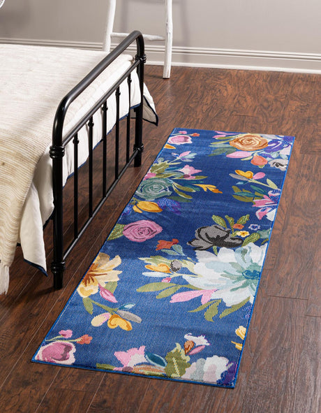 Blue 2' x 8' Blossom Runner Area Rug 100% Polypropylene With Cotton Backing Easy Clean Colorful Blooming Blossoming Flower Floral Plant Carpet for Living Dining Room Office Dorms for Sale at Rug Engine