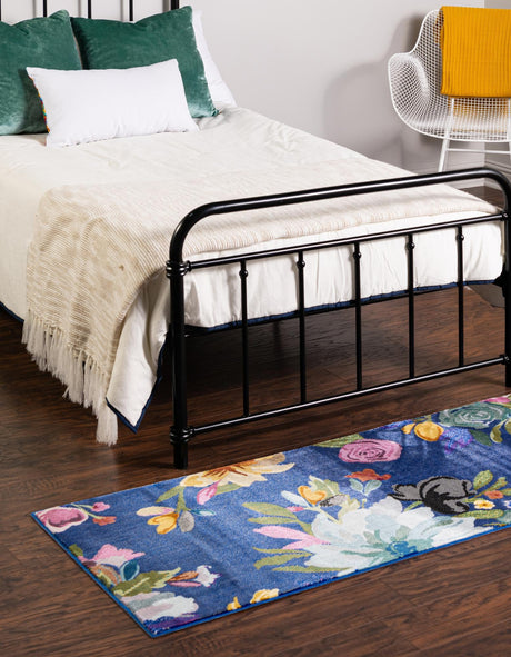 Blue 2' x 6' Blossom Runner Area Rug 100% Polypropylene With Cotton Backing Easy Clean Colorful Blooming Blossoming Flower Floral Plant Carpet for Living Dining Room Office Dorms for Sale at Rug Engine