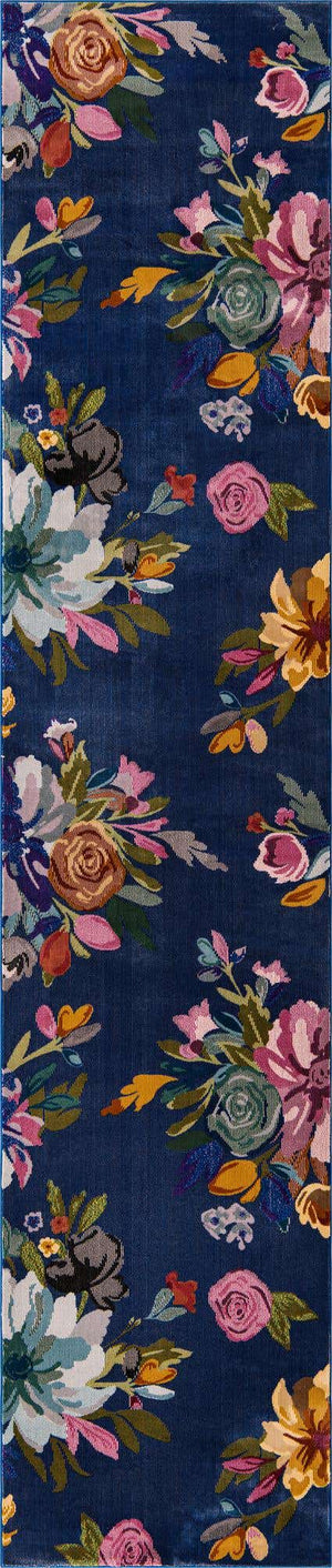 Blue 2' 7 x 12' Blossom Runner Area Rug 100% Polypropylene With Cotton Backing Easy Clean Colorful Blooming Blossoming Flower Floral Plant Carpet for Living Dining Room Office Dorms for Sale at Rug Engine