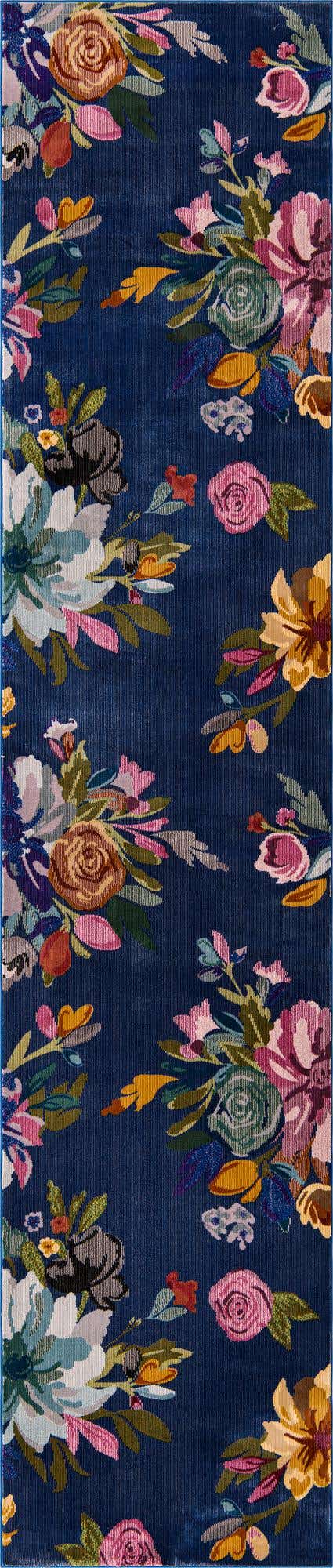 Blue 2' 7 x 12' Blossom Runner Area Rug 100% Polypropylene With Cotton Backing Easy Clean Colorful Blooming Blossoming Flower Floral Plant Carpet for Living Dining Room Office Dorms for Sale at Rug Engine