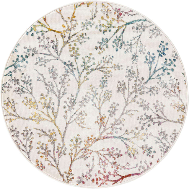Ivory 3' 3 x 3' 3 Blossom Round Area Rug 100% Polypropylene With Cotton Backing Easy Clean Colorful Blooming Blossoming Flower Floral Plant Carpet for Living Dining Room Office Dorms for Sale at Rug Engine