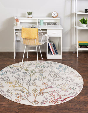 Ivory 4' 1 x 4' 1 Blossom Round Area Rug 100% Polypropylene With Cotton Backing Easy Clean Colorful Blooming Blossoming Flower Floral Plant Carpet for Living Dining Room Office Dorms for Sale at Rug Engine