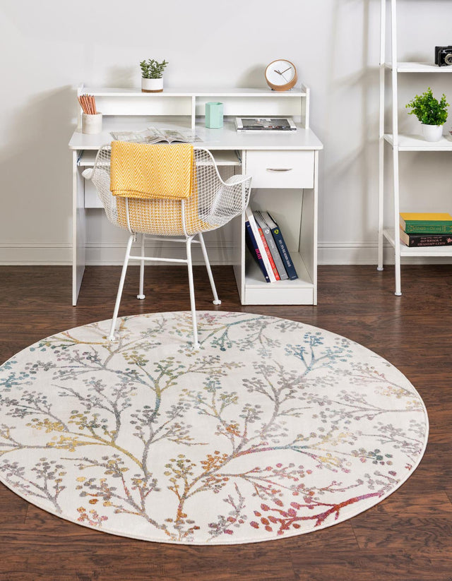 Ivory 5' 3 x 5' 3 Blossom Round Area Rug 100% Polypropylene With Cotton Backing Easy Clean Colorful Blooming Blossoming Flower Floral Plant Carpet for Living Dining Room Office Dorms for Sale at Rug Engine