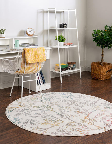Ivory 6' 1 x 6' 1 Blossom Round Area Rug 100% Polypropylene With Cotton Backing Easy Clean Colorful Blooming Blossoming Flower Floral Plant Carpet for Living Dining Room Office Dorms for Sale at Rug Engine