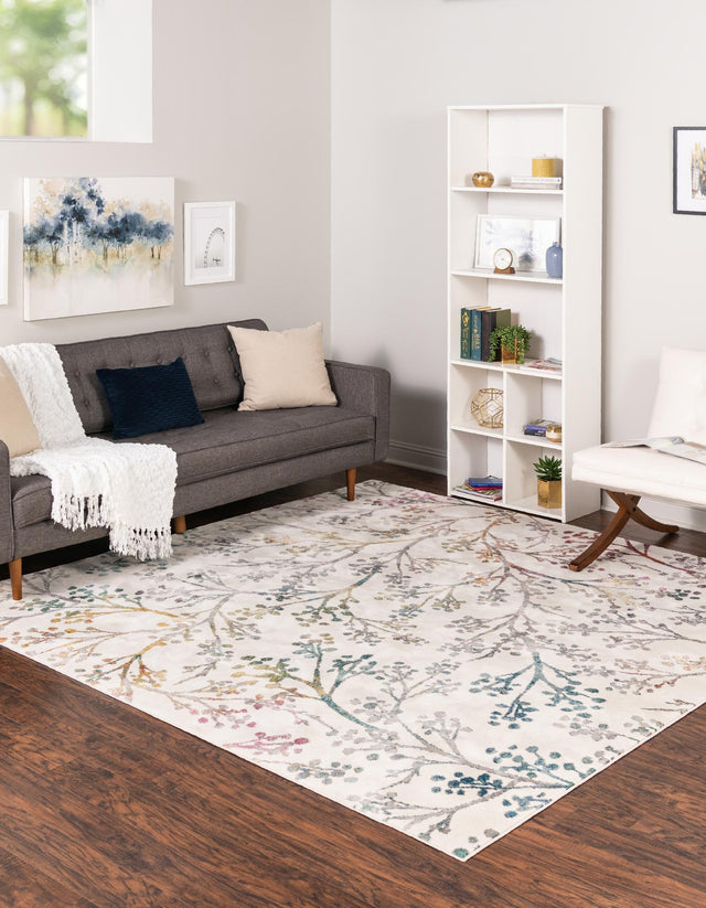 Ivory 10' x 10' Blossom Square Area Rug 100% Polypropylene With Cotton Backing Easy Clean Colorful Blooming Blossoming Flower Floral Plant Carpet for Living Dining Room Office Dorms for Sale at Rug Engine