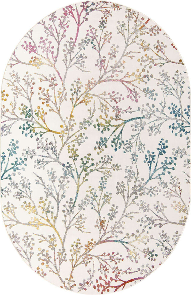 Ivory 4' x 6' Blossom Oval Area Rug 100% Polypropylene With Cotton Backing Easy Clean Colorful Blooming Blossoming Flower Floral Plant Carpet for Living Dining Room Office Dorms for Sale at Rug Engine