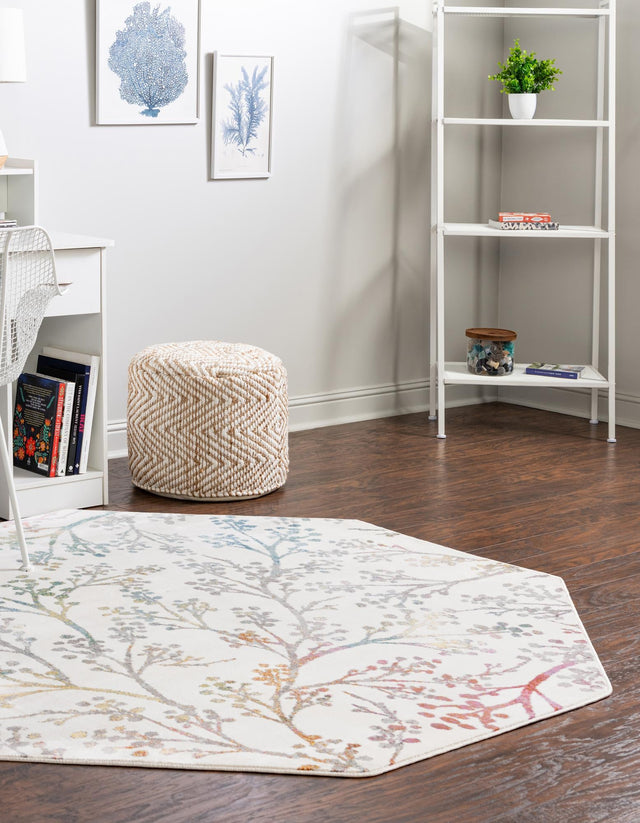 Ivory 6' x 6' Blossom Octagon Area Rug 100% Polypropylene With Cotton Backing Easy Clean Colorful Blooming Blossoming Flower Floral Plant Carpet for Living Dining Room Office Dorms for Sale at Rug Engine