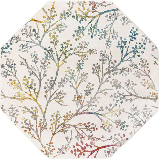 Ivory 6' x 6' Blossom Octagon Area Rug 100% Polypropylene With Cotton Backing Easy Clean Colorful Blooming Blossoming Flower Floral Plant Carpet for Living Dining Room Office Dorms for Sale at Rug Engine