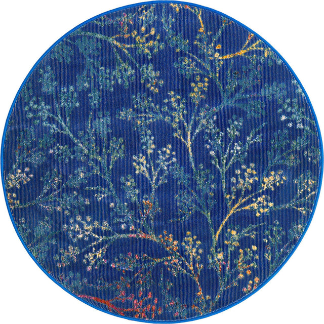 Blue 3' 3 x 3' 3 Blossom Round Area Rug 100% Polypropylene With Cotton Backing Easy Clean Colorful Blooming Blossoming Flower Floral Plant Carpet for Living Dining Room Office Dorms for Sale at Rug Engine