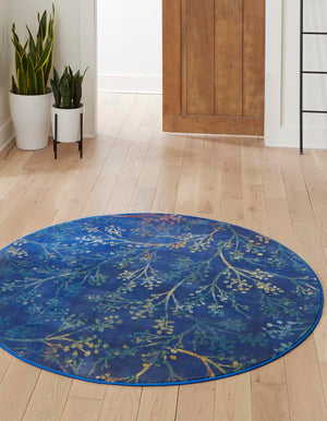 Blue 10' x 10' Blossom Round Area Rug 100% Polypropylene With Cotton Backing Easy Clean Colorful Blooming Blossoming Flower Floral Plant Carpet for Living Dining Room Office Dorms for Sale at Rug Engine