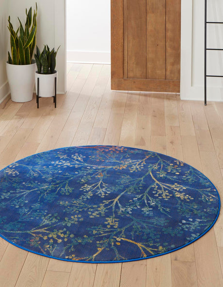 Blue 5' 3 x 5' 3 Blossom Round Area Rug 100% Polypropylene With Cotton Backing Easy Clean Colorful Blooming Blossoming Flower Floral Plant Carpet for Living Dining Room Office Dorms for Sale at Rug Engine