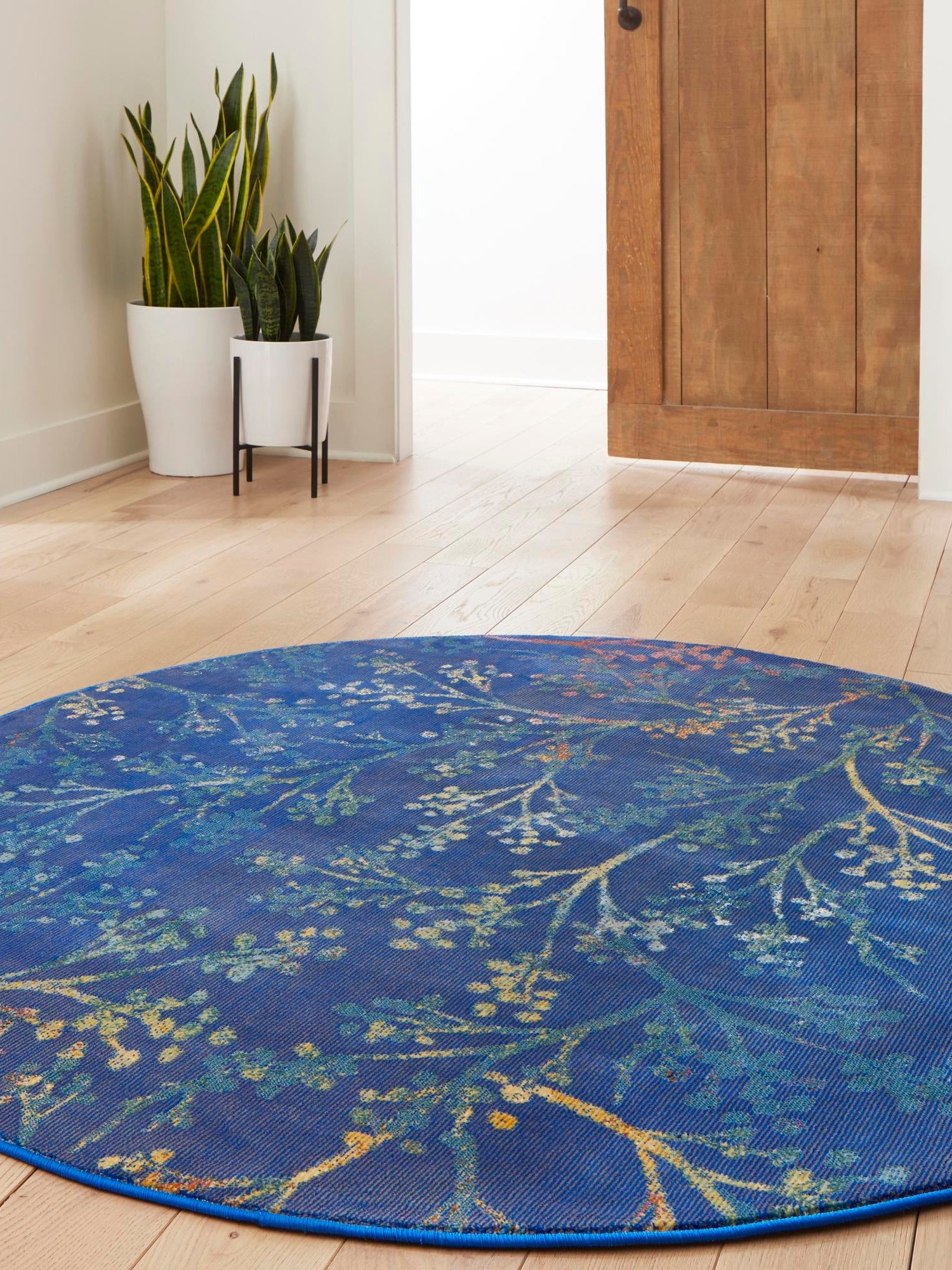 Blue 5' 3 x 5' 3 Blossom Round Area Rug 100% Polypropylene With Cotton Backing Easy Clean Colorful Blooming Blossoming Flower Floral Plant Carpet for Living Dining Room Office Dorms for Sale at Rug Engine
