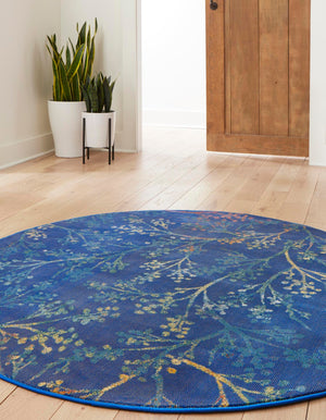 Blue 3' 3 x 3' 3 Blossom Round Area Rug 100% Polypropylene With Cotton Backing Easy Clean Colorful Blooming Blossoming Flower Floral Plant Carpet for Living Dining Room Office Dorms for Sale at Rug Engine