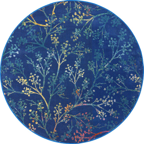 Blue 5' 3 x 5' 3 Blossom Round Area Rug 100% Polypropylene With Cotton Backing Easy Clean Colorful Blooming Blossoming Flower Floral Plant Carpet for Living Dining Room Office Dorms for Sale at Rug Engine