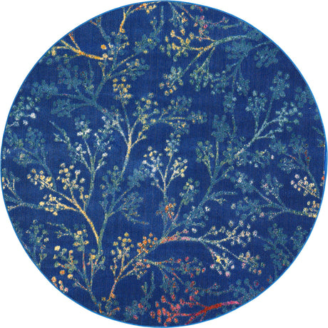 Blue 7' x 7' Blossom Round Area Rug 100% Polypropylene With Cotton Backing Easy Clean Colorful Blooming Blossoming Flower Floral Plant Carpet for Living Dining Room Office Dorms for Sale at Rug Engine