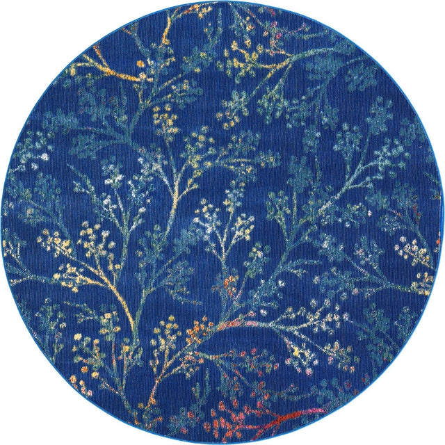 Blue 7' x 7' Blossom Round Area Rug 100% Polypropylene With Cotton Backing Easy Clean Colorful Blooming Blossoming Flower Floral Plant Carpet for Living Dining Room Office Dorms for Sale at Rug Engine
