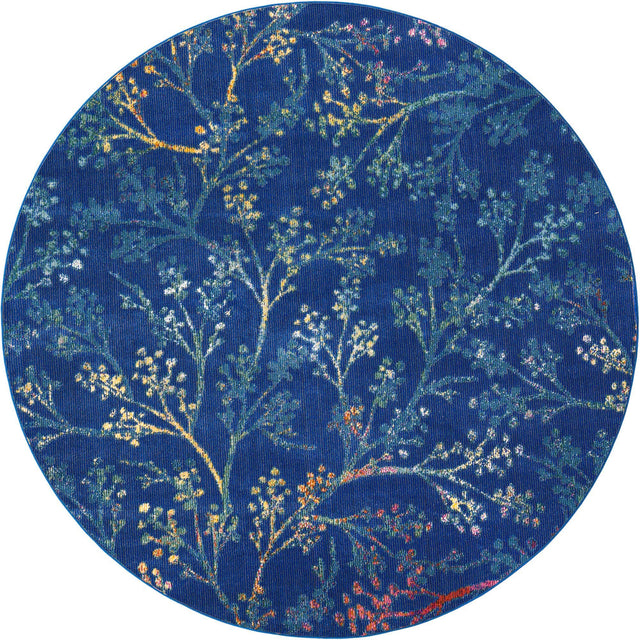 Blue 10' x 10' Blossom Round Area Rug 100% Polypropylene With Cotton Backing Easy Clean Colorful Blooming Blossoming Flower Floral Plant Carpet for Living Dining Room Office Dorms for Sale at Rug Engine