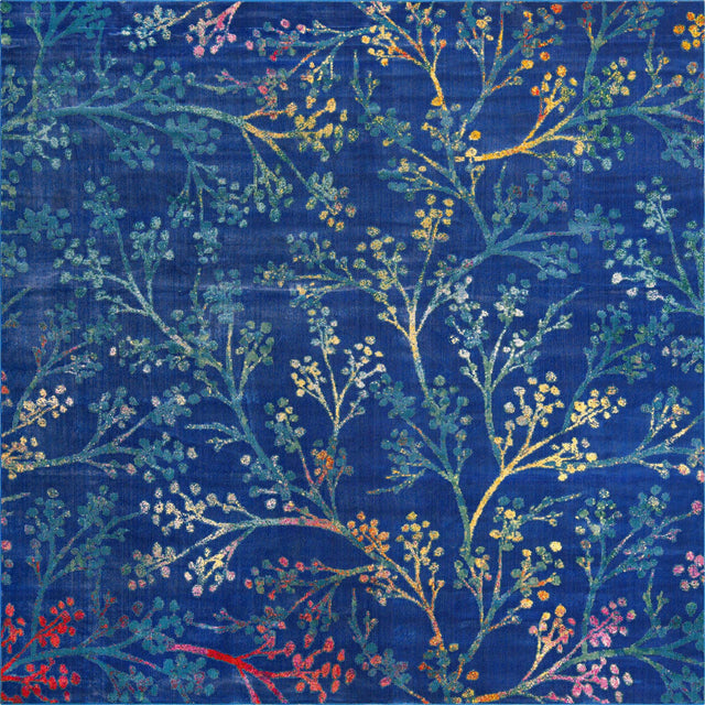 Blue 10' x 10' Blossom Square Area Rug 100% Polypropylene With Cotton Backing Easy Clean Colorful Blooming Blossoming Flower Floral Plant Carpet for Living Dining Room Office Dorms for Sale at Rug Engine