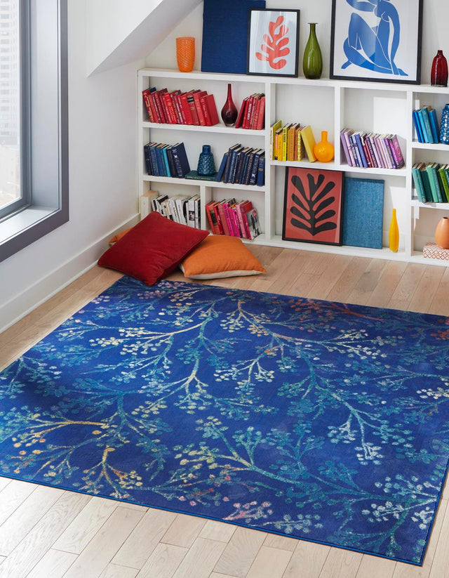 Blue 7' 10 x 7' 10 Blossom Square Area Rug 100% Polypropylene With Cotton Backing Easy Clean Colorful Blooming Blossoming Flower Floral Plant Carpet for Living Dining Room Office Dorms for Sale at Rug Engine