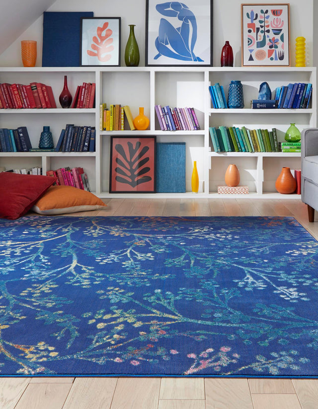 Blue 7' 10 x 7' 10 Blossom Square Area Rug 100% Polypropylene With Cotton Backing Easy Clean Colorful Blooming Blossoming Flower Floral Plant Carpet for Living Dining Room Office Dorms for Sale at Rug Engine