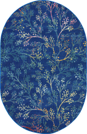Blue 4' x 6' Blossom Oval Area Rug 100% Polypropylene With Cotton Backing Easy Clean Colorful Blooming Blossoming Flower Floral Plant Carpet for Living Dining Room Office Dorms for Sale at Rug Engine