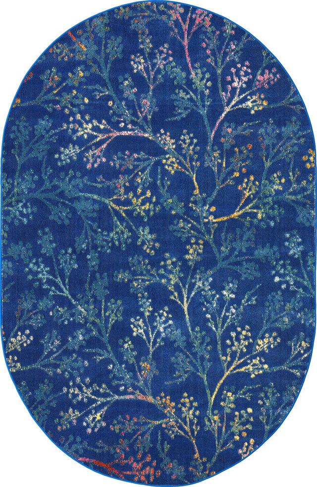Blue 4' x 6' Blossom Oval Area Rug 100% Polypropylene With Cotton Backing Easy Clean Colorful Blooming Blossoming Flower Floral Plant Carpet for Living Dining Room Office Dorms for Sale at Rug Engine