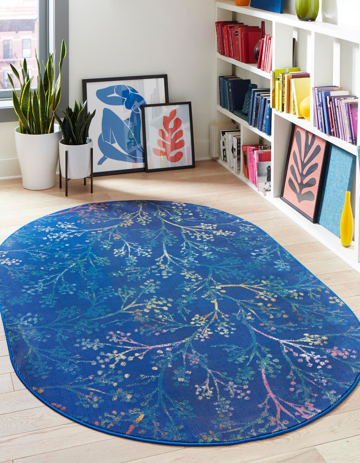 Blue 5' 3 x 7' 10 Blossom Oval Area Rug 100% Polypropylene With Cotton Backing Easy Clean Colorful Blooming Blossoming Flower Floral Plant Carpet for Living Dining Room Office Dorms for Sale at Rug Engine