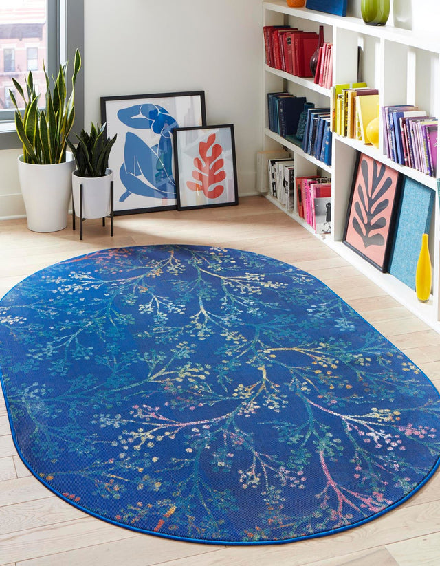 Blue 4' x 6' Blossom Oval Area Rug 100% Polypropylene With Cotton Backing Easy Clean Colorful Blooming Blossoming Flower Floral Plant Carpet for Living Dining Room Office Dorms for Sale at Rug Engine