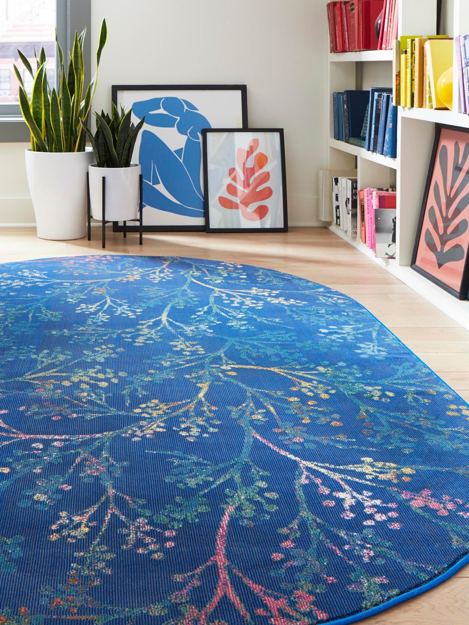 Blue 4' x 6' Blossom Oval Area Rug 100% Polypropylene With Cotton Backing Easy Clean Colorful Blooming Blossoming Flower Floral Plant Carpet for Living Dining Room Office Dorms for Sale at Rug Engine