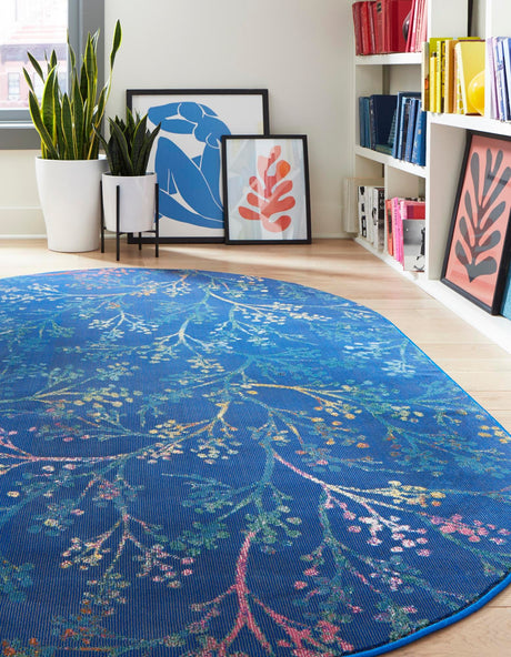 Blue 4' x 6' Blossom Oval Area Rug 100% Polypropylene With Cotton Backing Easy Clean Colorful Blooming Blossoming Flower Floral Plant Carpet for Living Dining Room Office Dorms for Sale at Rug Engine