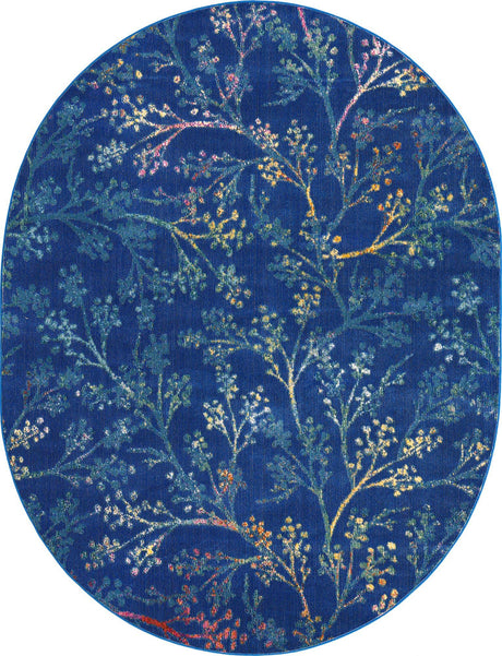 Blue 7' 10 x 10' Blossom Oval Area Rug 100% Polypropylene With Cotton Backing Easy Clean Colorful Blooming Blossoming Flower Floral Plant Carpet for Living Dining Room Office Dorms for Sale at Rug Engine