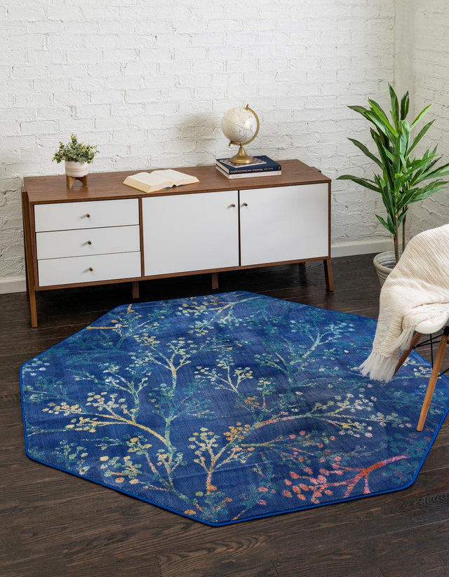 Blue 6' x 6' Blossom Octagon Area Rug 100% Polypropylene With Cotton Backing Easy Clean Colorful Blooming Blossoming Flower Floral Plant Carpet for Living Dining Room Office Dorms for Sale at Rug Engine