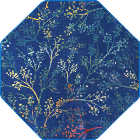 Blue 6' x 6' Blossom Octagon Area Rug 100% Polypropylene With Cotton Backing Easy Clean Colorful Blooming Blossoming Flower Floral Plant Carpet for Living Dining Room Office Dorms for Sale at Rug Engine
