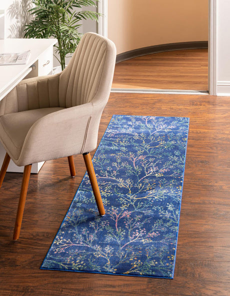 Blue 2' x 8' Blossom Runner Area Rug 100% Polypropylene With Cotton Backing Easy Clean Colorful Blooming Blossoming Flower Floral Plant Carpet for Living Dining Room Office Dorms for Sale at Rug Engine