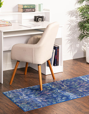 Blue 2' 7 x 12' Blossom Runner Area Rug 100% Polypropylene With Cotton Backing Easy Clean Colorful Blooming Blossoming Flower Floral Plant Carpet for Living Dining Room Office Dorms for Sale at Rug Engine