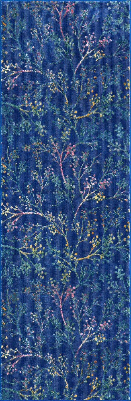 Blue 2' x 6' Blossom Runner Area Rug 100% Polypropylene With Cotton Backing Easy Clean Colorful Blooming Blossoming Flower Floral Plant Carpet for Living Dining Room Office Dorms for Sale at Rug Engine