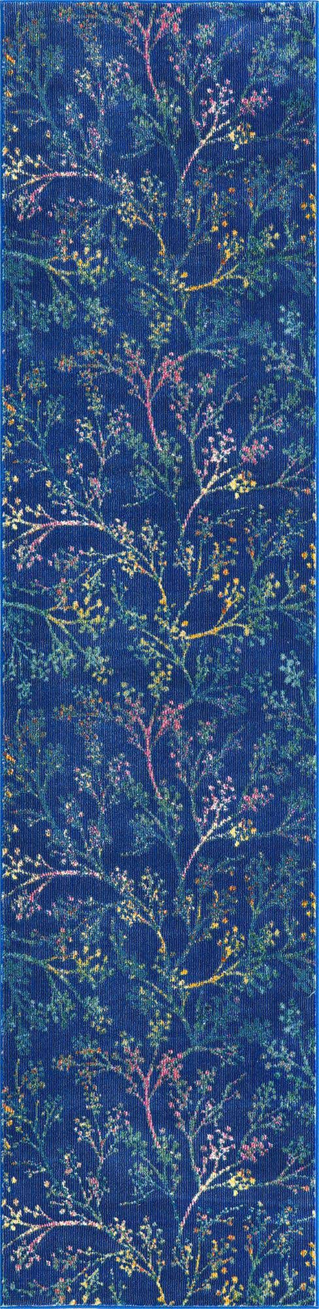 Blue 2' x 8' Blossom Runner Area Rug 100% Polypropylene With Cotton Backing Easy Clean Colorful Blooming Blossoming Flower Floral Plant Carpet for Living Dining Room Office Dorms for Sale at Rug Engine