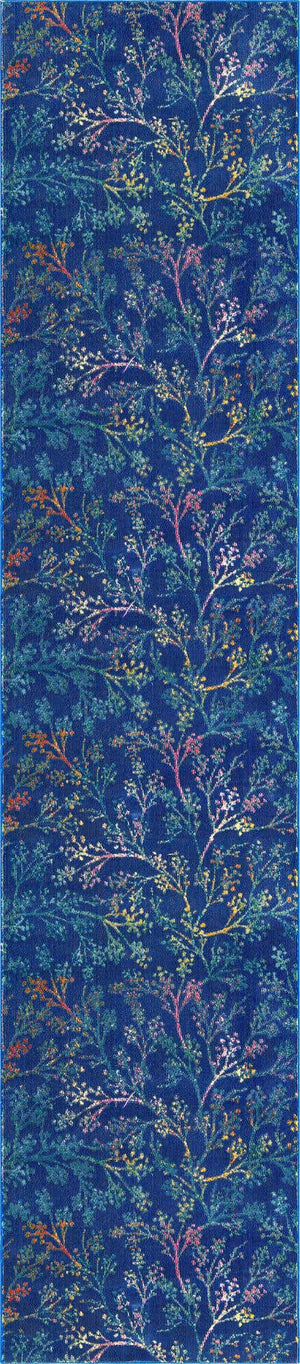Blue 2' 7 x 12' Blossom Runner Area Rug 100% Polypropylene With Cotton Backing Easy Clean Colorful Blooming Blossoming Flower Floral Plant Carpet for Living Dining Room Office Dorms for Sale at Rug Engine