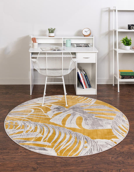 Yellow 7' x 7' Blossom Round Area Rug 100% Polypropylene With Cotton Backing Easy Clean Colorful Blooming Blossoming Flower Floral Plant Carpet for Living Dining Room Office Dorms for Sale at Rug Engine