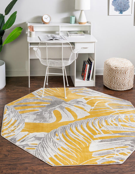 Yellow 6' x 6' Blossom Octagon Area Rug 100% Polypropylene With Cotton Backing Easy Clean Colorful Blooming Blossoming Flower Floral Plant Carpet for Living Dining Room Office Dorms for Sale at Rug Engine
