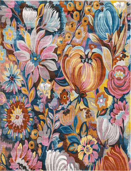 Multicolor 7' 10 x 10' Blossom Rectangle Area Rug 100% Polypropylene With Cotton Backing Easy Clean Colorful Blooming Blossoming Flower Floral Plant Carpet for Living Dining Room Office Dorms for Sale at Rug Engine