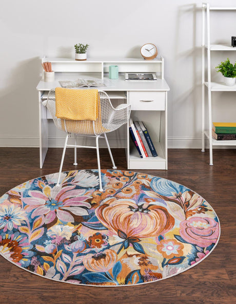 Multicolor 3' 3 x 3' 3 Blossom Round Area Rug 100% Polypropylene With Cotton Backing Easy Clean Colorful Blooming Blossoming Flower Floral Plant Carpet for Living Dining Room Office Dorms for Sale at Rug Engine